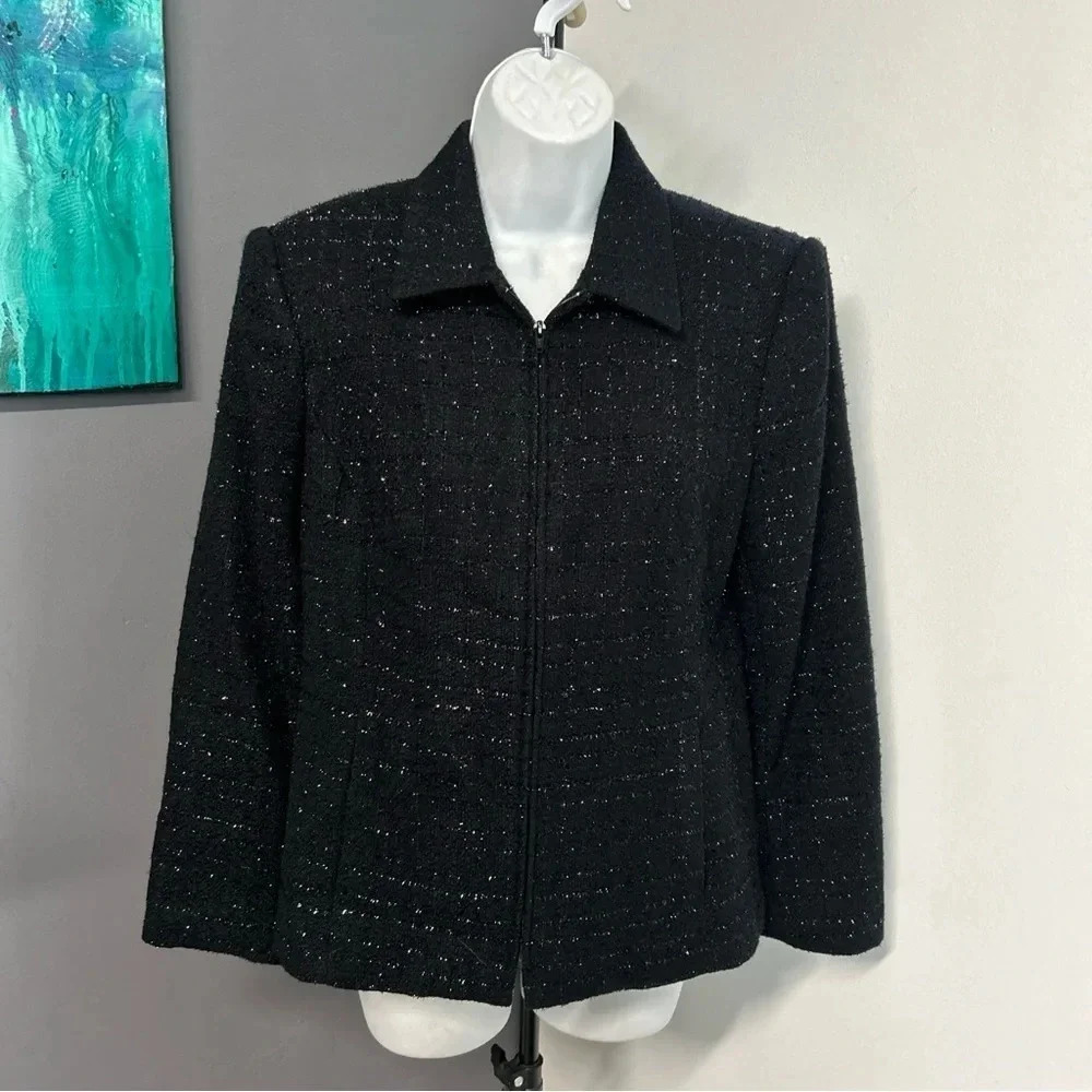 Women’s 8 Petite Zip Front Blazer Metallic Pockets Lined‎ Career Corpcore